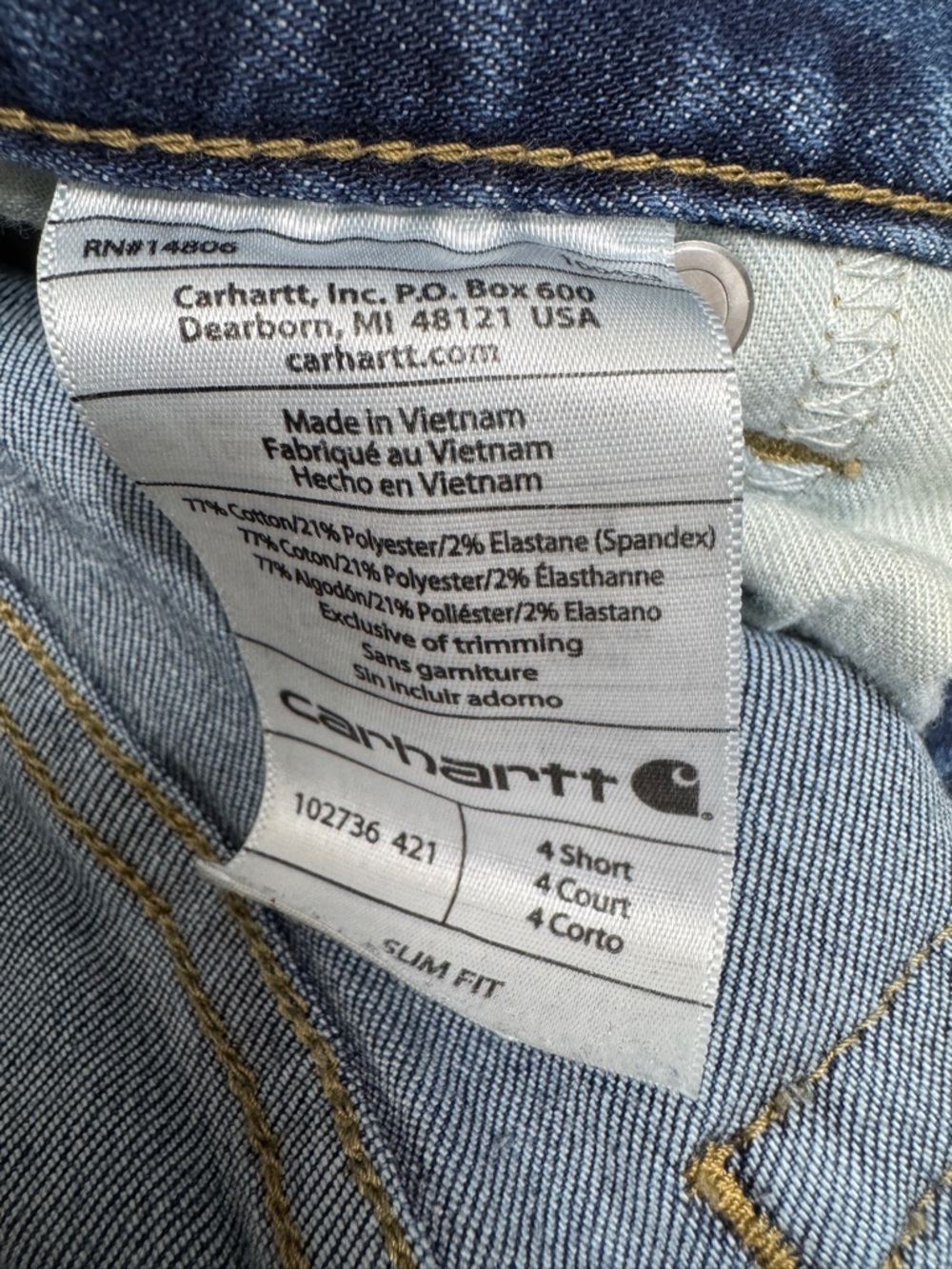 {Carharrt} "Rugged Flex Layton Bootcut Slim Fit" Short Blue Stretch Jeans - Picture 6 of 7